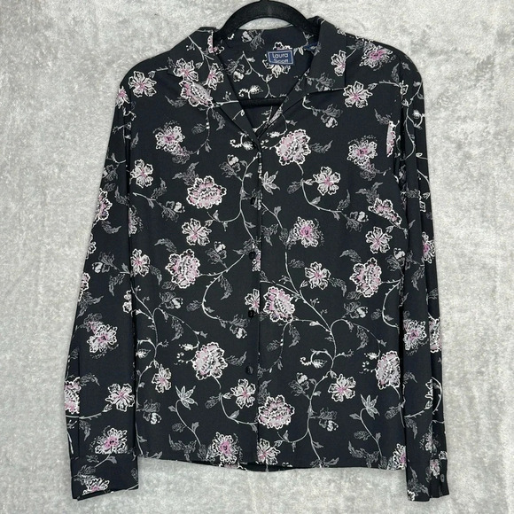 Laura Scott 10 Medium Shirt Top Black Floral Long Sleeve V Neck Button Up Women - Picture 1 of 7